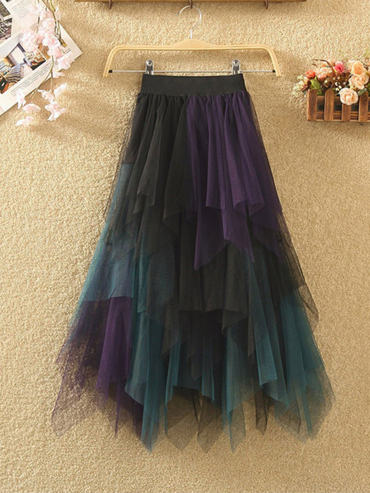 TIGENA Long Tutu Tulle Skirt Women Fashion Summer Korean Irregular Contrast Color High Waist Pleated Maxi Female 220317
