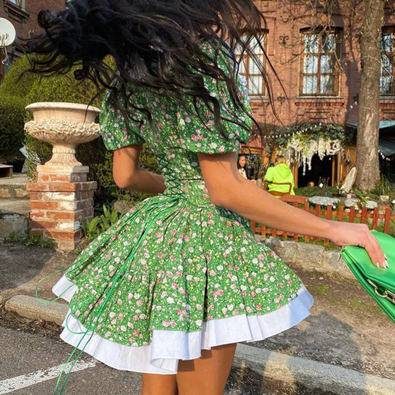 Fandy Lokar Summer Printed Dresses Women Fashion Slim Mini Dress Elegant Prairie Chic Puff Sleeve Female Ladies 220615