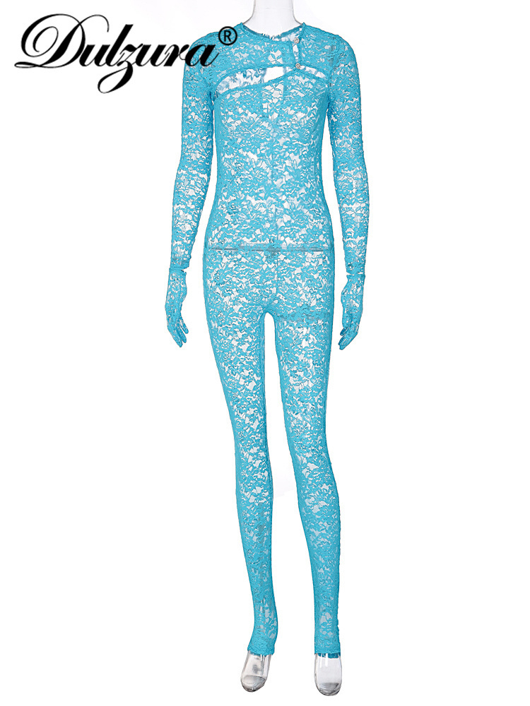 Dulzura Summer Women Neon See Through Sexy Y2K Clothes Hollow Out Long Sleeve Gloves Skinny Jumpsuits Outfits Club Romper 220801
