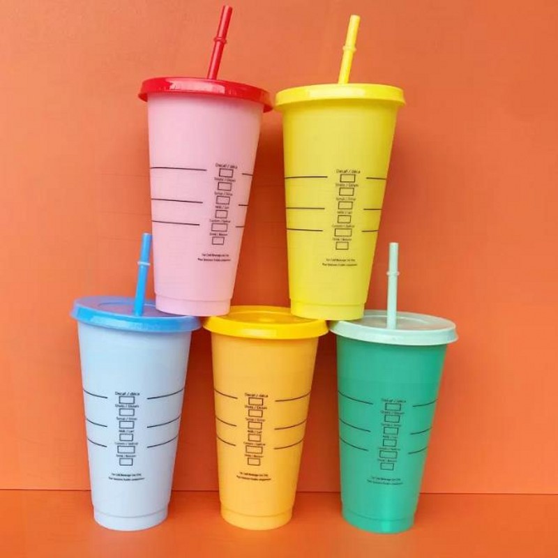 24OZ/710 ml Color-changing Cup Plastic reusable clear drinking cup cylindrical lid straw Free shipping