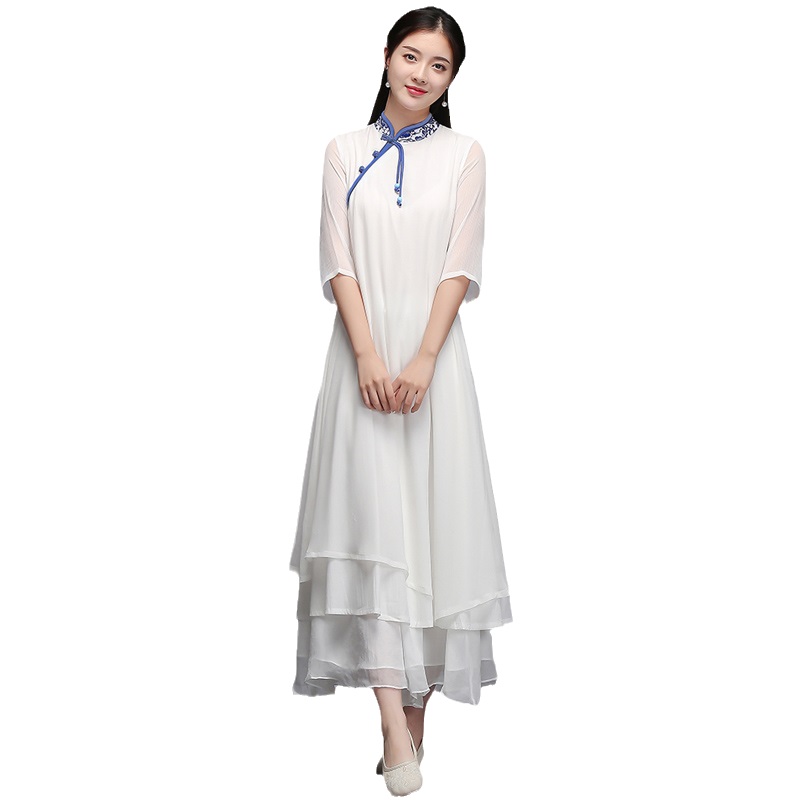 Women ethnic Clothing Hanfu Qipao Summer dress Chinese Style Vintage White Traditional Tang Suit Robe Oriental Clothes