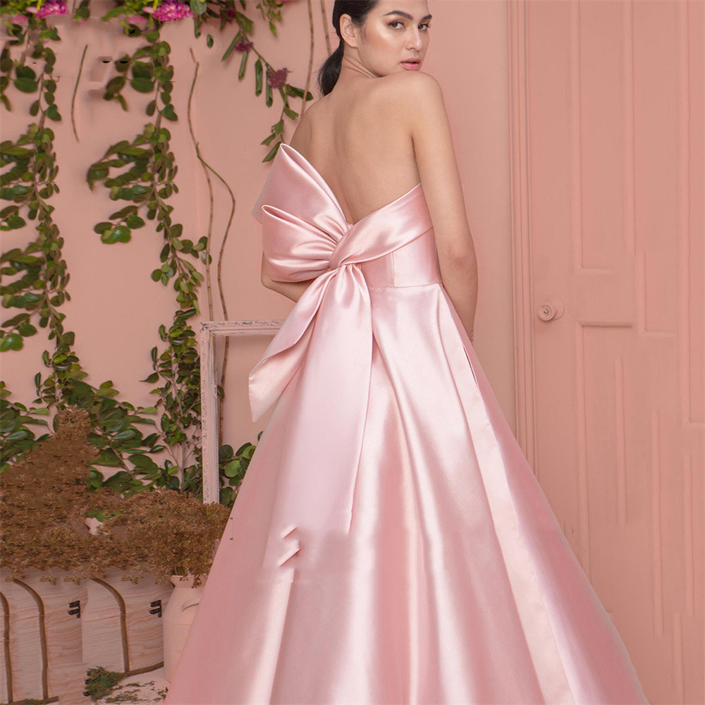 Pink A-line Prom Dresses Sexy Bateau Neck Satin Ruffles High Waist Sleeveless Strapless Bow Tie Appliques Elegant Sweep Train Evening Formal Dresses G