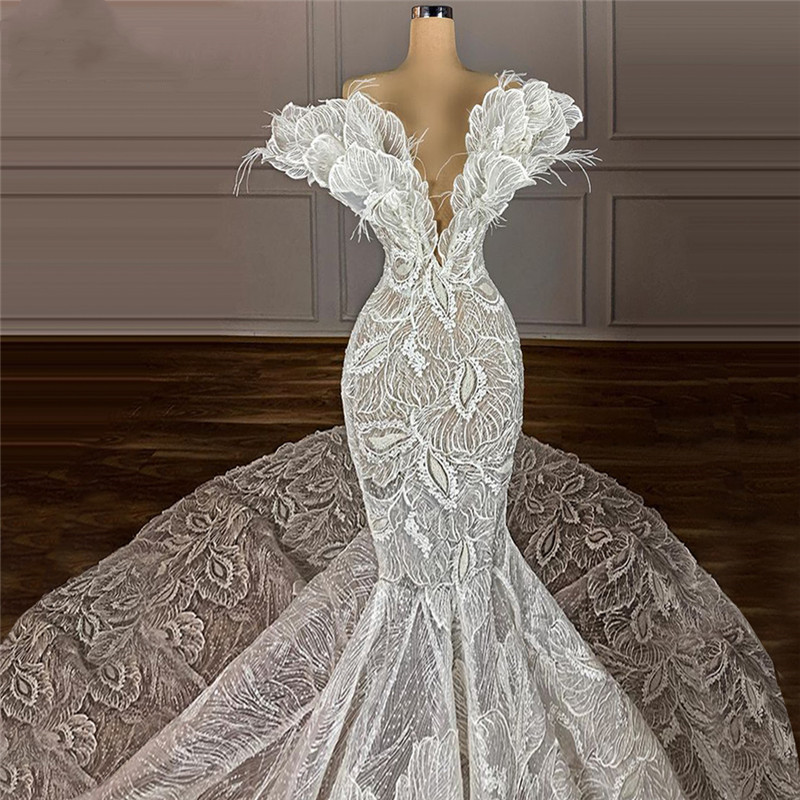 uriousMermaid Wedding Dress Sleeveless Deep V Neck Strapless 3D wer Appliques Lace Illusion Custom Made Ruffles Bridal or Length