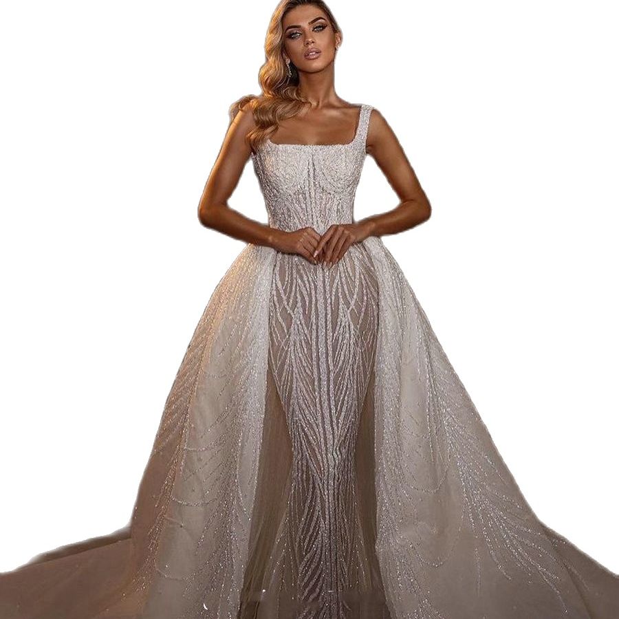 Sparkly Mermaid Wedding Dress With Detachable Train Square Collar Backless Saudi Arabic Crystal Beading Bridal Gown