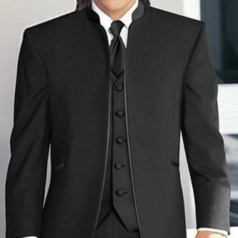 Middle East Stand Collar Men Suits Groom Wedding Tuxedos Black Men's Suit with 3 Piece Trim Fit Formal Wear Prom Party Gowns Men Blazer