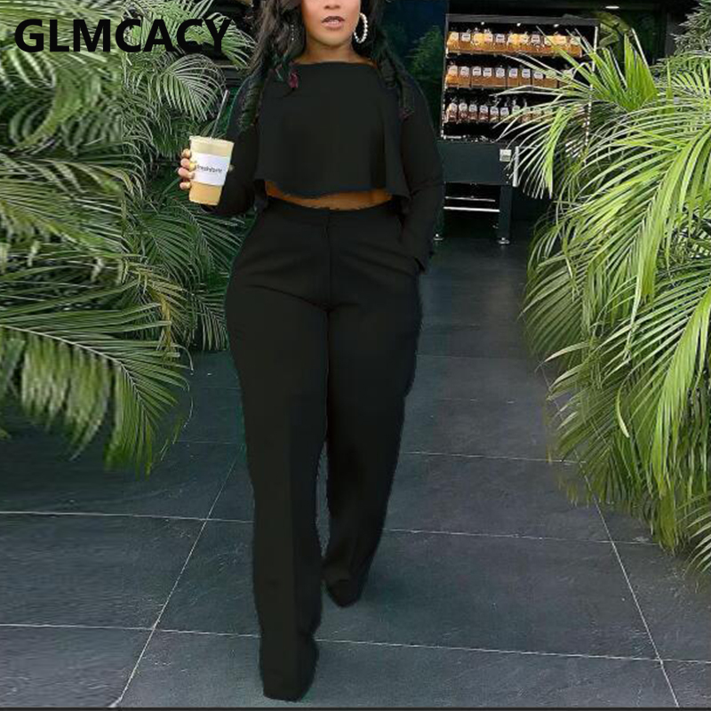 Women Two Piece Casual Suits Long Sleeve Dip Hem Crop Top Shirt & Loose Pants Set 220526