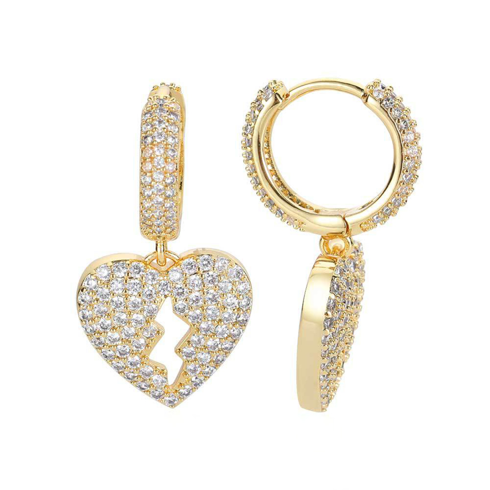 Hip Hop Heartbreak Dangle Earrings Bling White Zircon Hoop Earrings 18K Real Gold Plated Jewelry