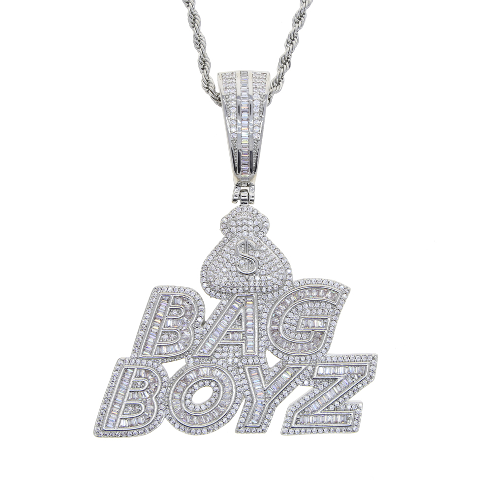 New CZ Letters Bag Boyz Pendant Necklace Iced Out Bling 5A Cubic Zircon Dollar Symbol Money Charm Fashion Hip Hop Men Jewelry