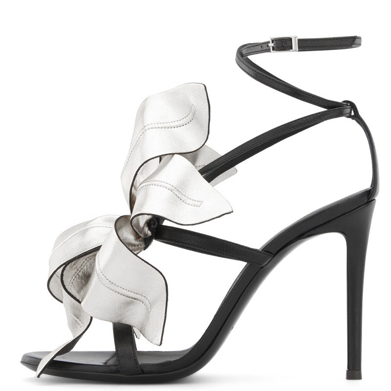 Women Black Leather Sandals Gold Flower Ankle Strap High Heel Luxury Design Party Big Size Wedding Shoes Stilettos Heels 220509