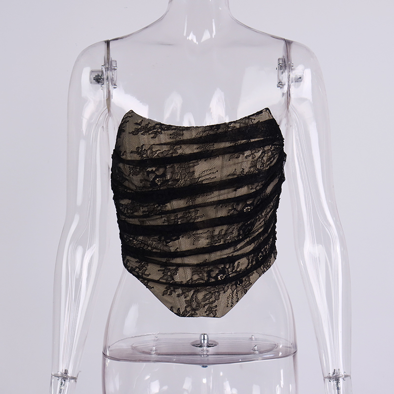 Asia Black Lace Bustier Tops Patchwork Strapless Lining Boning Zipper Bodycon Corset Crop Top Women Sexy Club Party Outfits 220316