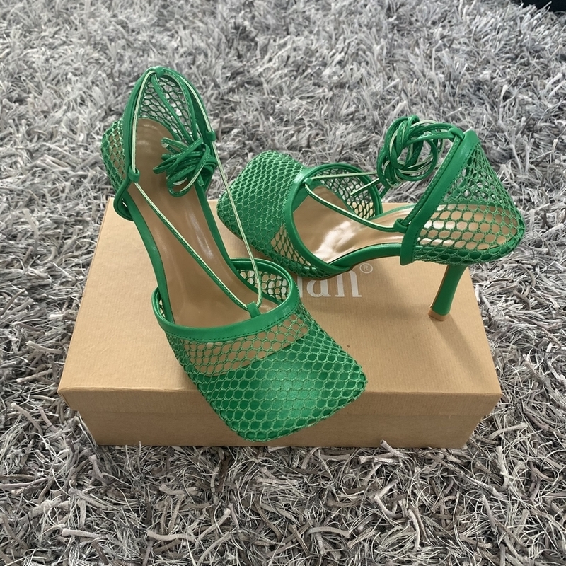 Sexy Green Mesh Women Pumps Sandals Female Square Toe high heels Lace Up Cross-tied Stiletto hollow Party Shoes Woman 220328
