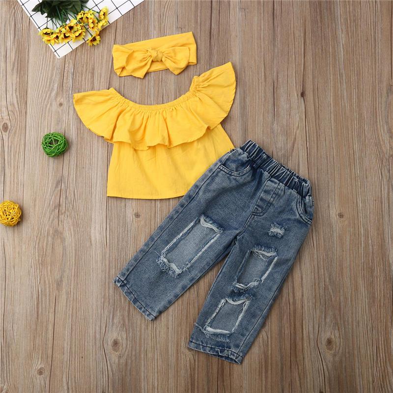 Clothing Sets Kids Girls Clothes 3 Pieces Set Yellow Off Shoulder T-shirt Ripped Denim Pants Headband 1-6T Children Summer Outfit SetClothin
Clothing Sets Kids Girls Clothes 3 Pieces Set Yellow Off Shoulder T-shirt Ripped Denim Pants Headband 1-6T Children Summer Outfit SetClothin
