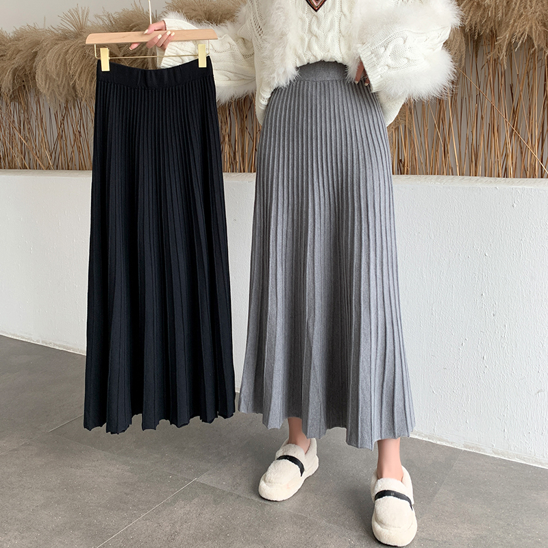 Thick and large swing knitted skirt women's mid-length Korean style elegant pleated high waist a-line 220317