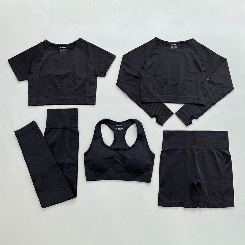 2 5 PCS Seamless Women Yoga Set Workout Sportswear Gym Clothing Fitness Long Sleeve Crop Top High Waist Leggings Sports Suits 220810
