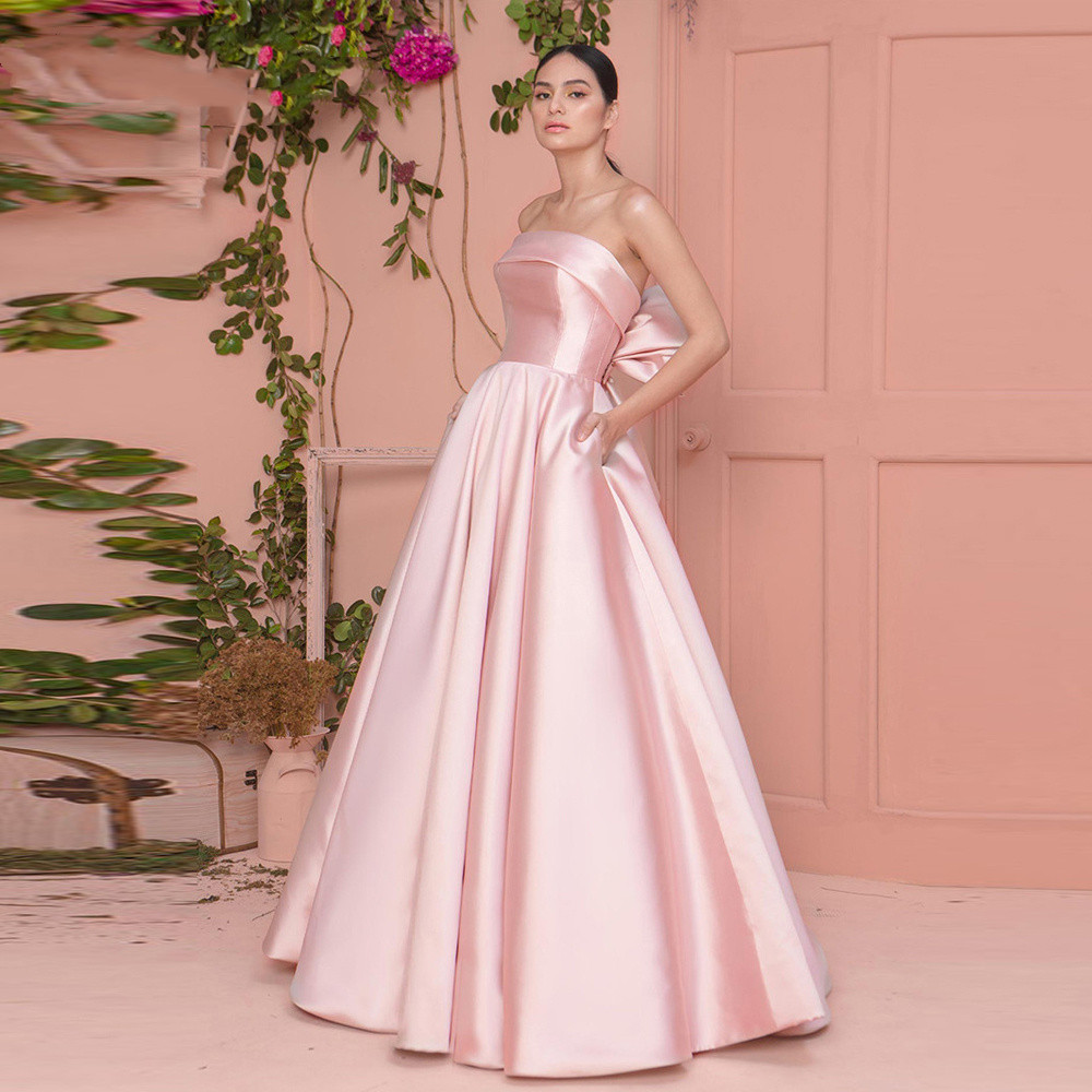 Pink A-line Prom Dresses Sexy Bateau Neck Satin Ruffles High Waist Sleeveless Strapless Bow Tie Appliques Elegant Sweep Train Evening Formal Dresses G