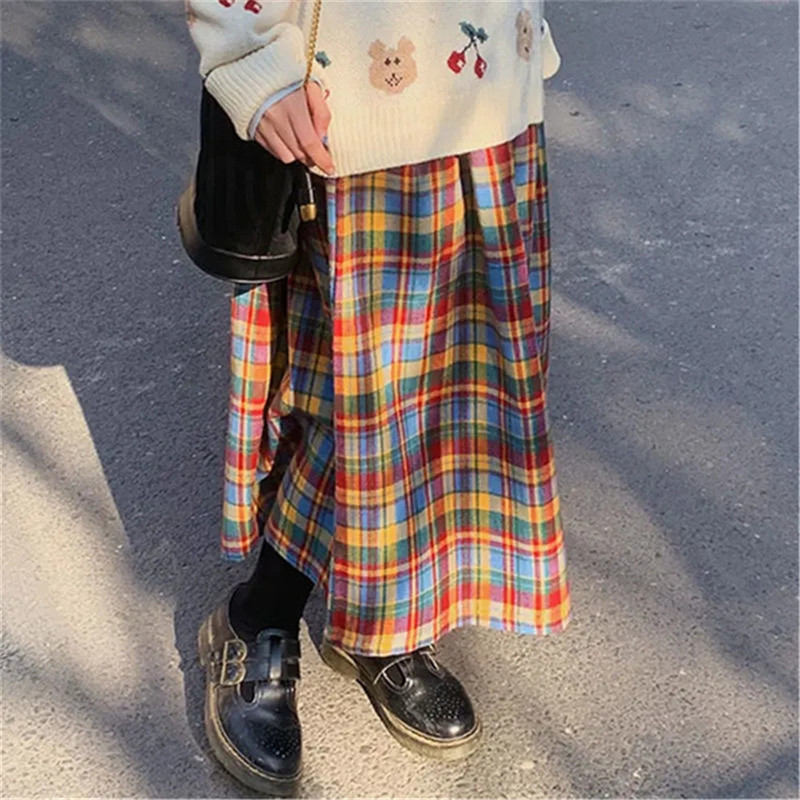 Japanese Rainbow High Waist A-Line Wool Plaid Skirt Female Students Preppy Style Wild Midi Women Autumn Long 220322