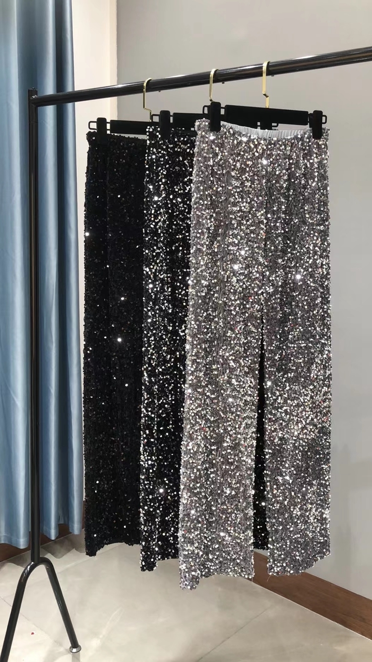 Autumn and Winter Woman Thickening Velvet Sequined Wide-Leg Long Pants Draping Mopping Shiny Straight-Leg Trouser 220325