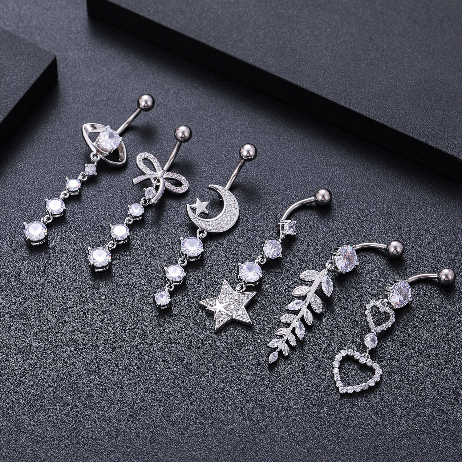 2022 Belly Button Ring Diamond Butterfly Dangle Navel Barbell Stud for Women Surgical Titanium Stainless Steel Rose Gold Cubic Zirconia Piercing Bling