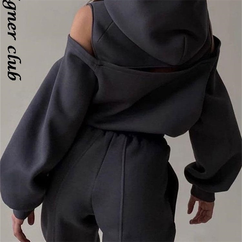 Women Solid Sets Hoodie Off Shoulder Sweatshirts And Pant Suit Female Fashion Tracksuits Two Piece Sets 220817