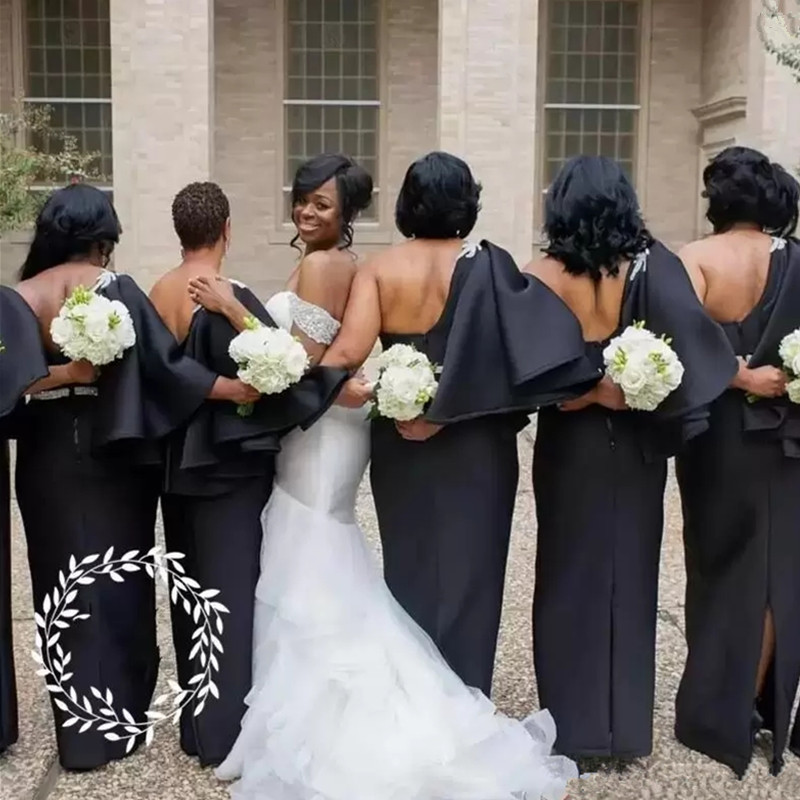 Black Column African Bridesmaid Dresses Satin Appliques Beads One Shoulder Sash Floor Length Plus Size For Wedding Maid of Honor Gown