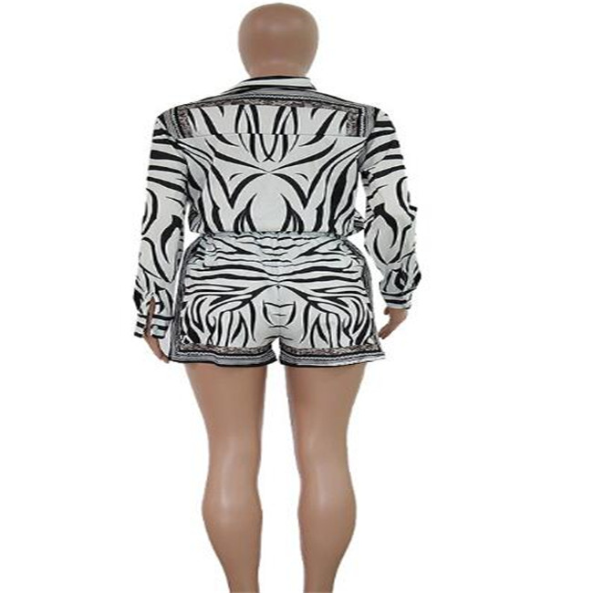 Womens Tracksuits Two Piece Outfits Print Zebra Stripe Long Sleeve Button Shirts + Pocket Shorts 2 Piece Set Women Casual Clothes S-2XL