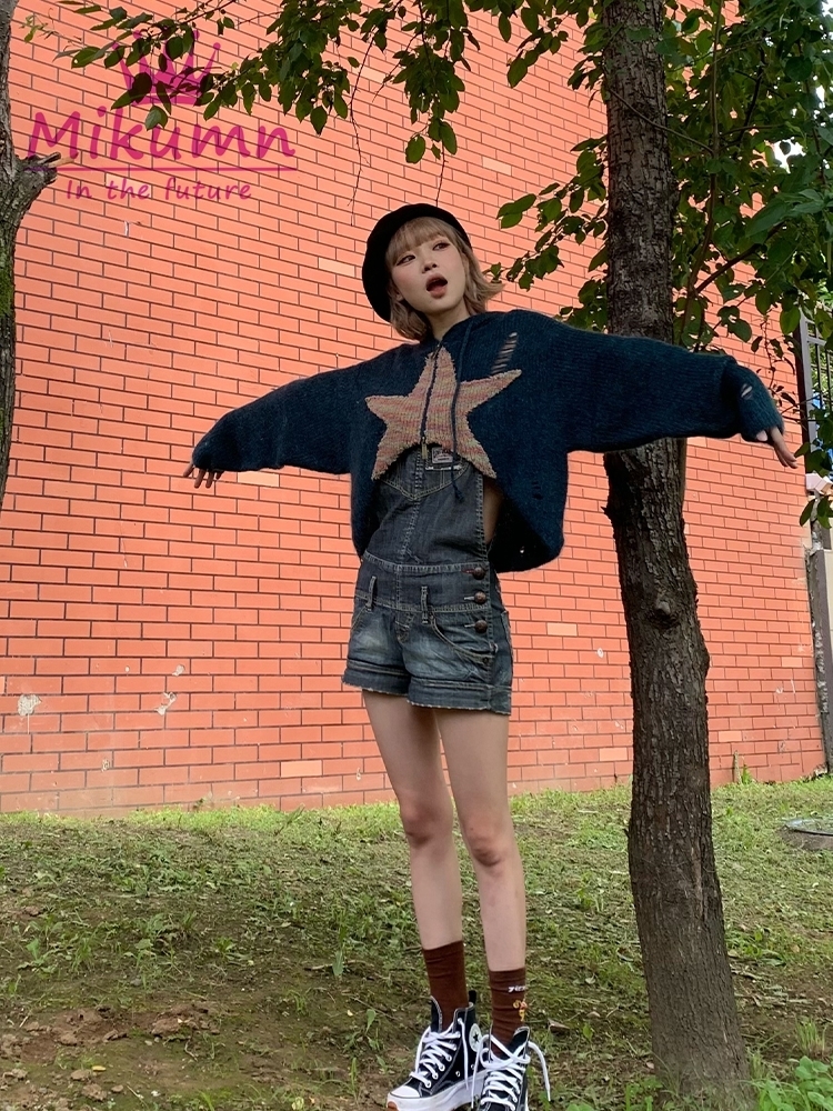 Gothic Sweater Cardigan Women Harajuku Vintage Star Zip Long Sleeve Hooded Short Jacket Spring Autumn Loose Knitwear Top Coat 220817