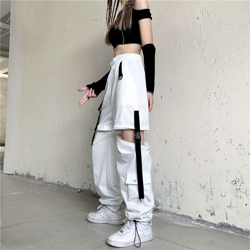 HOUZHOU White Streetwear Cargo Pant Y2k Harajuku Loose Patchwortk High Waist Trousers Casual Removable Techwear Korean 220325