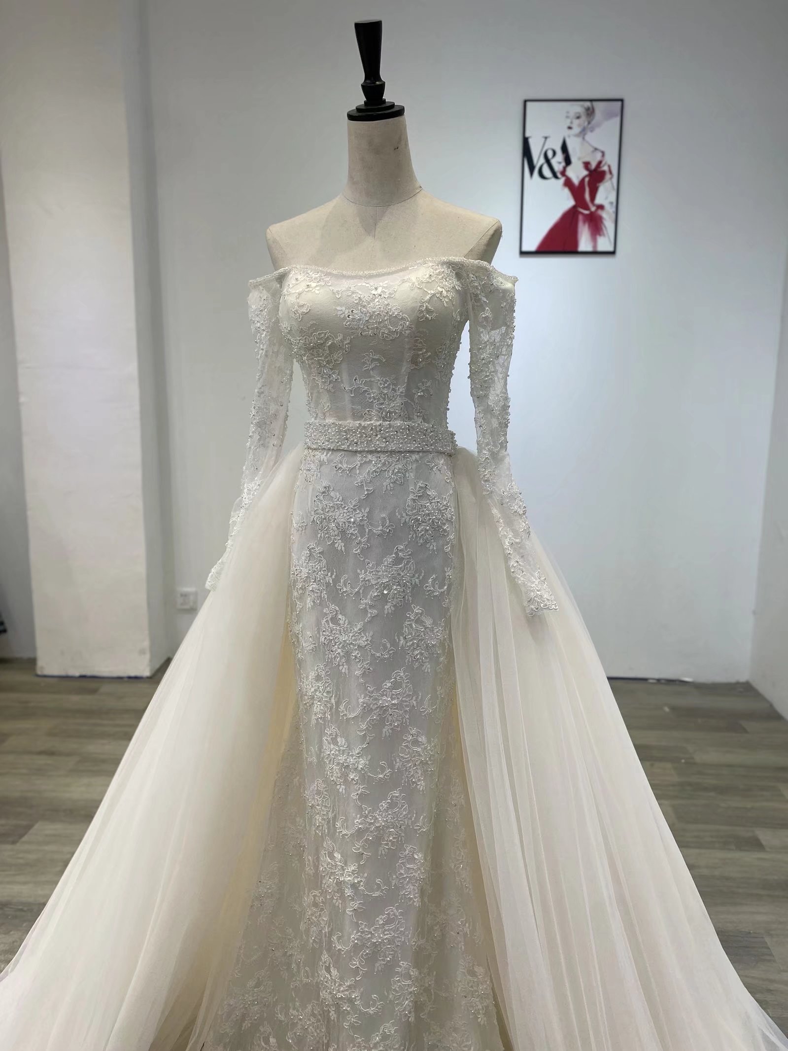 Bateau Elegant Mermaid Wedding Dresses Long Sleeves Off Shoulder Backless Strapless or Length Appliques Detachable Train Custom Made Vestidos De Novia