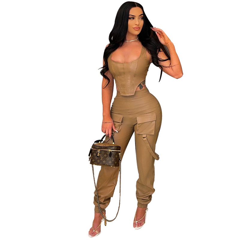 Wholesale High Stretchy Women Tracksuits PU Two 2 Piece Set Beautiful Sleeveless Tank Top Vest Sweatpants Matching Set Fashion Leather Outfits Summer 