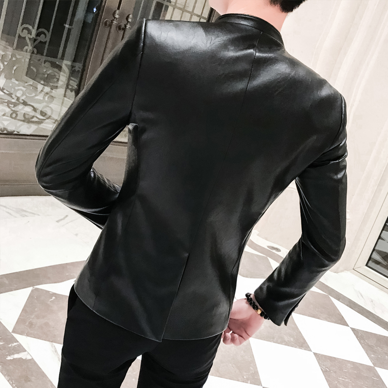 Solid Black Slim Fit Blazer Hombre PU Leather Jacket Men One Button Business Casual Prom Blazers For Men Korean Suit Coat 220409