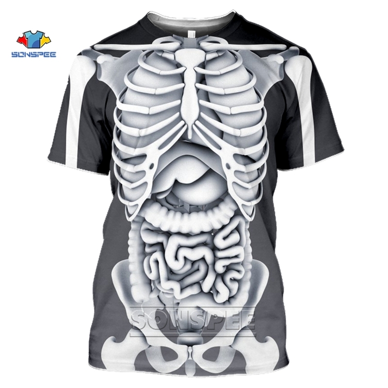 SONSPEE Arrival Male Skeleton Internal Organs T-shirts 3D Print Round Neck Short Sleev T-Shirt Anime Funny Men T Shirt 220408
