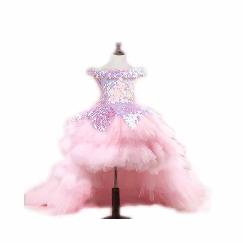 Girl Pink Flower For Wedding Lace Applique Ruffles High Low Long Sequined Girls Pageant Gowns Sweep Train Children Prom Party Dresses s