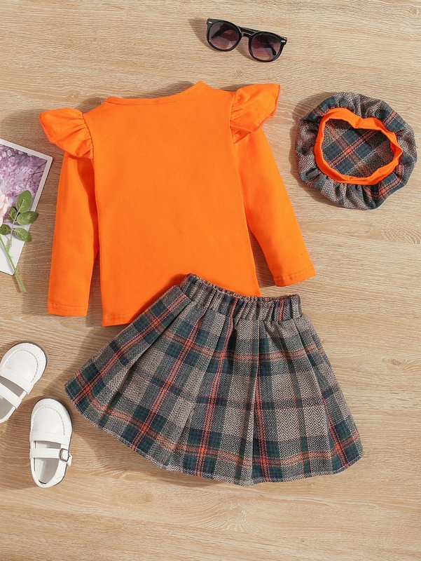 Toddler Girls Ruffle Trim Top & Tartan Skirt With Hat SHE