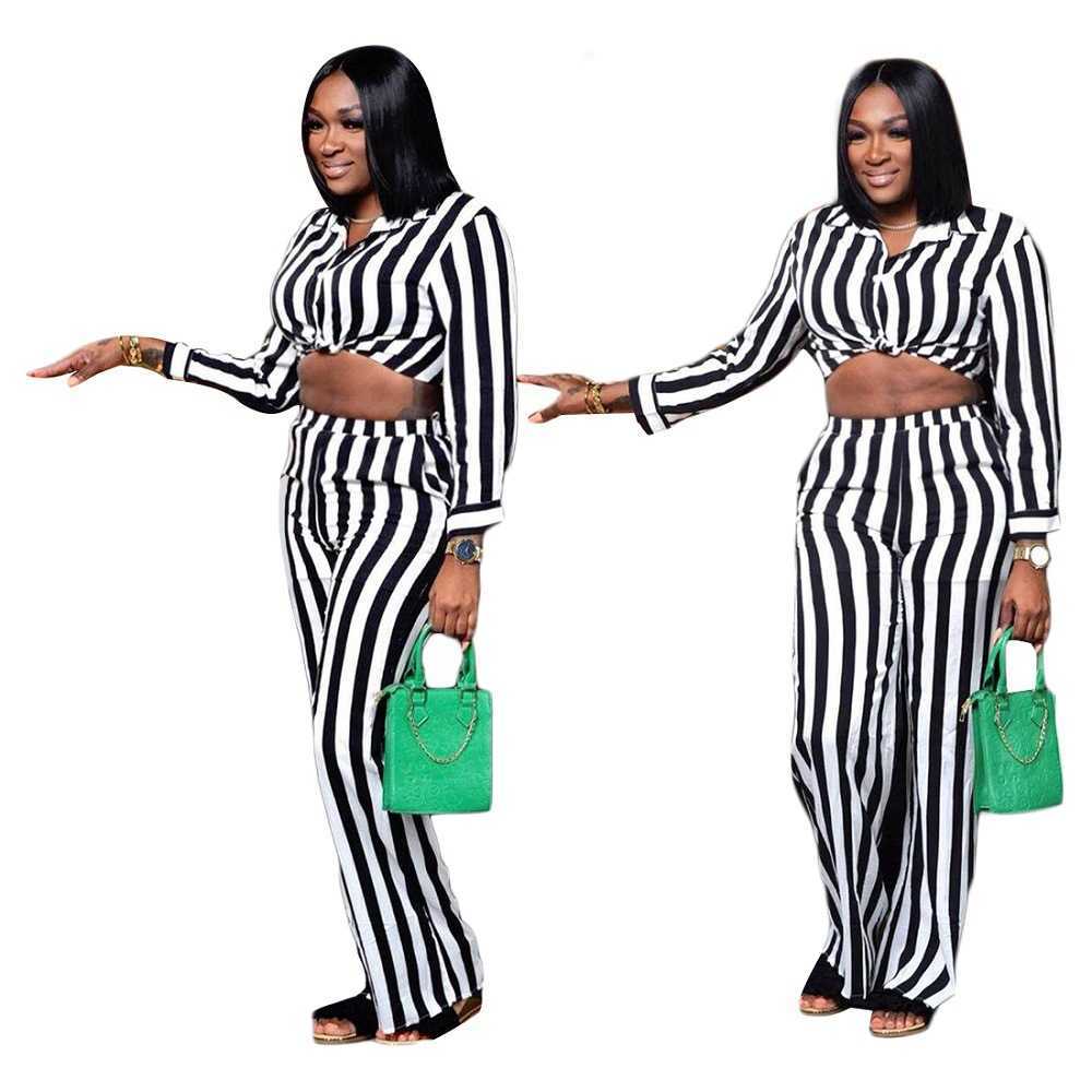 women's new black and white striped top fashion navel exposed striped wide leg pants two piece set