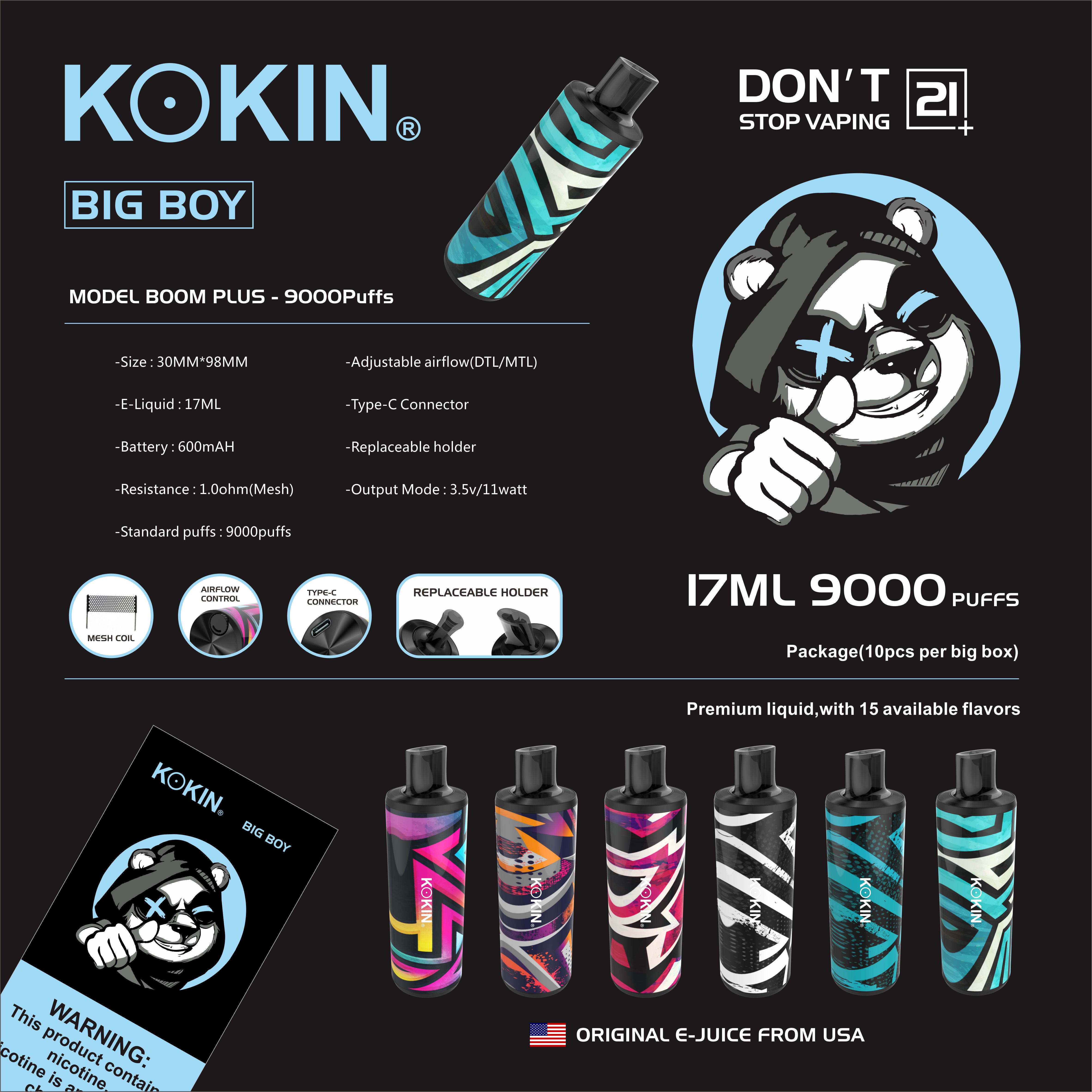 2022 KOKIN Big Boy disposable electronic cigarette pod device 9000 puffs kit 17.0ml pre-filled cartridge pods pen 14colors Double VAPE holder
2022 KOKIN Big Boy disposable electronic cigarette pod device 9000 puffs kit 17.0ml pre-filled cartridge pods pen 14colors Double VAPE holder