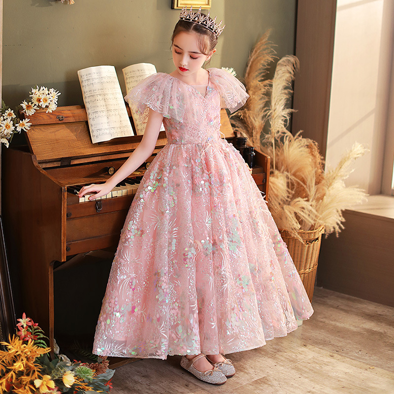 Bling Sequin Pageant Fluffy pink sequined Ruched Flower Girl Dress Ball Gowns Party Dresses for Girls First Holy Communion gown