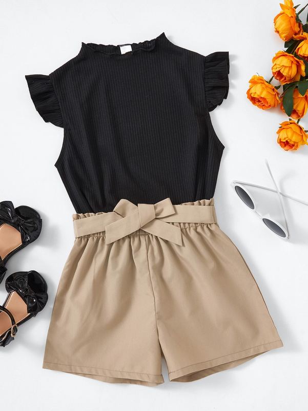 Girls Ruffle Sleeve Top & Paperbag Waist Tie Front Shorts SHE