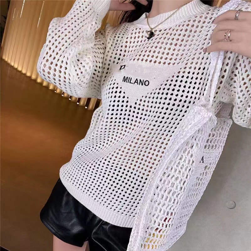 Womens Designer knits Prada Tees hollow front Summer knitted sweatshirt letter embroidery long sleeve sexy T-shirt loose comfortable personality trendy Tops, Consultative service 
Womens Designer knits Prada Tees hollow front Summer knitted sweatshirt letter embroidery long sleeve sexy T-shirt loose comfortable personality trendy Tops, Consultative service