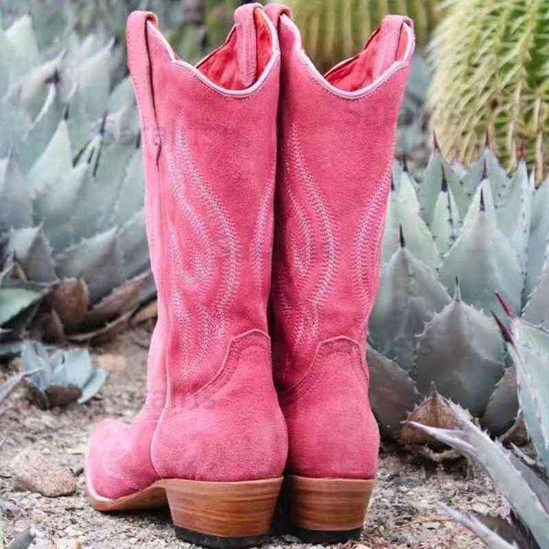 2022 New Trendy Spring Autumn Mid Calf Embroidered Western Boots Pointed Toe Comfort Low Heels Big Size 43 Women Cowboy Boots Y220707