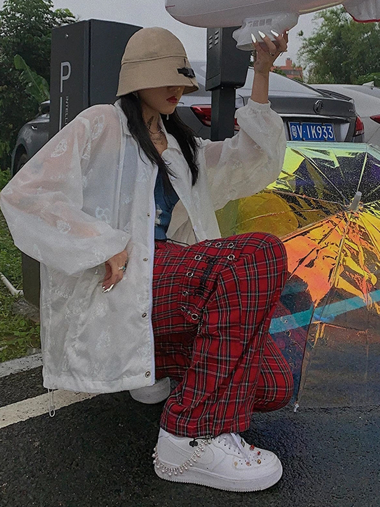 HOUZHOU Punk Cargo Plaid Pant Gothic Harajuku Red Checkered Wide Leg Trousers For Female Autumn Streetwear Hippie Fashion 220325