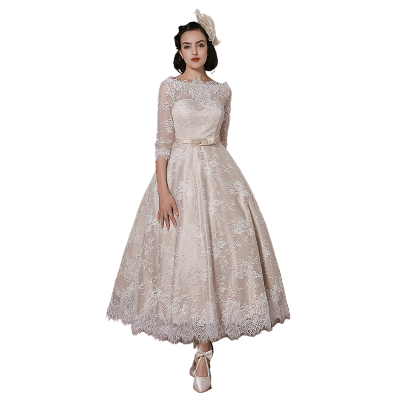 Vintage Champagne A Line Lace Wedding Dress Half Sleeve Tea Length Retro Country Bridal Gowns Open Back Bateau Neck Bride Wedding Dresses Plus Size Ro