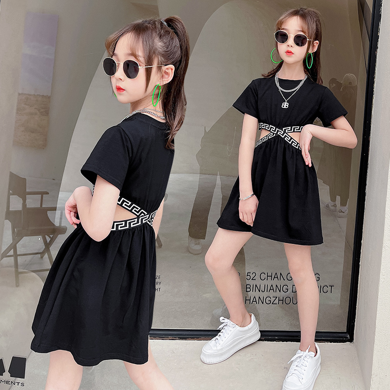 Girls Summer Dresses Black ALine Geometric Pattern Knit Waist Hollow Cut Sports Casual Dress 314Y Childrens Girl Clothing 220707