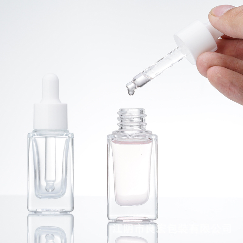 Clear Square Glass Dropper Bottle Essential Oil Perfume Bottle 15ml with White/Black/Gold/Silver Cap