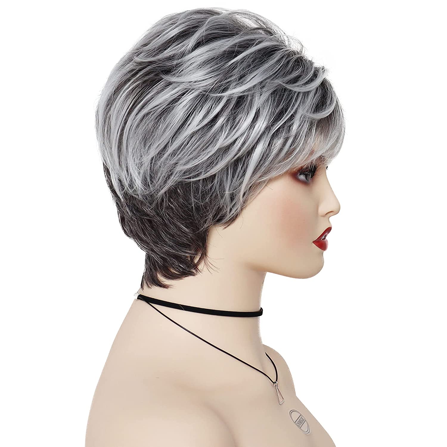 Short Ombre Sliver Gray Pixie Cut Wig Dark Root Straight Layered Synthetic Hair for Black White Women