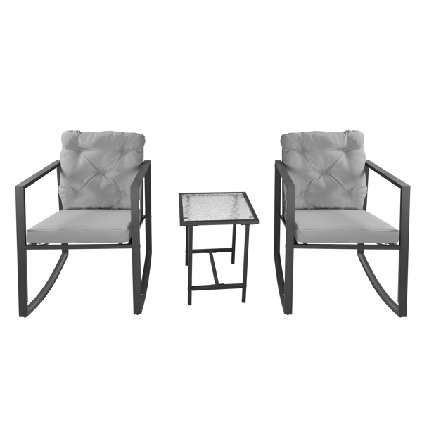 Dining Room Furniture 3 Pieces Patio Furniture Outdoor Bistro Conversation Sets with Metal Rocking Chairs and Glass Coffee Table Gray