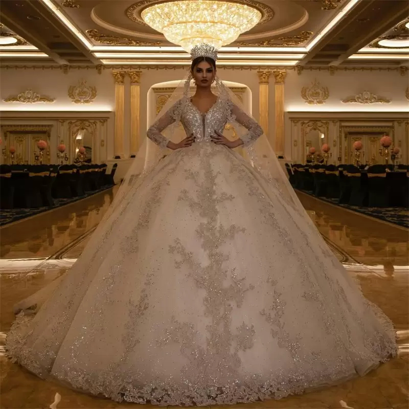 Luxury Arabic Dubai Ball Gown Wedding Dresses Long Sleeves Glitter Crystals Sequins Beaded Bridal Gowns V-Neck Appliqued Gorgeous Bride Dress Custom M