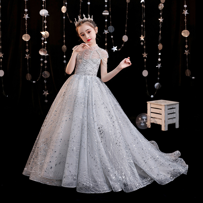 Princess Sliver Flower Dresses Lace 3D Floral Appliques Sequined Ball Gown Little Girl Birthday Party Gowns Sweep Train Kids Formal Wear 403
