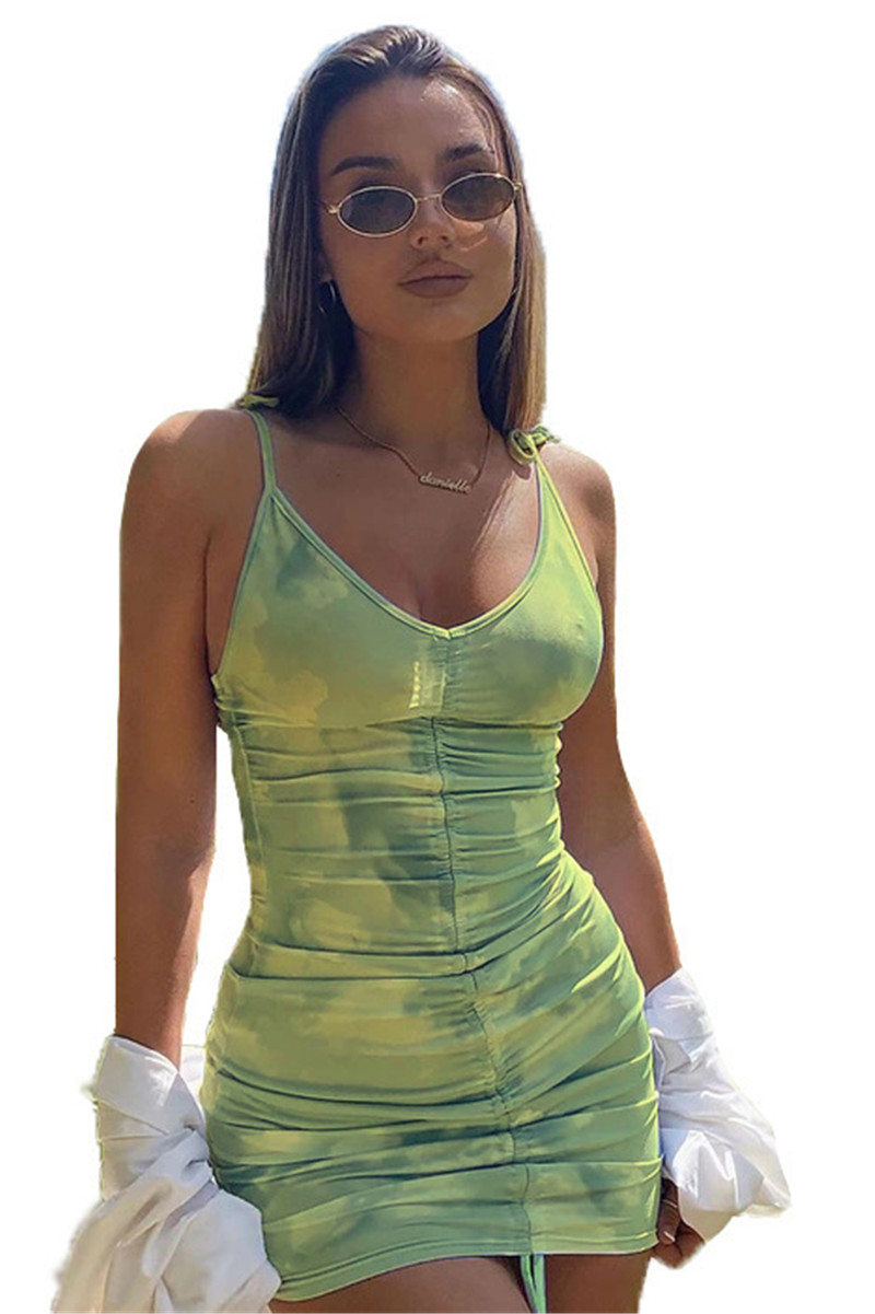 New Wholesale Summer Dresses Beautiful Women Spaghetti Strap Dress Tie Dye Bodycon Skirt Sleeveless Hip Packaged Dress Fashion Club Party Skirts 7146