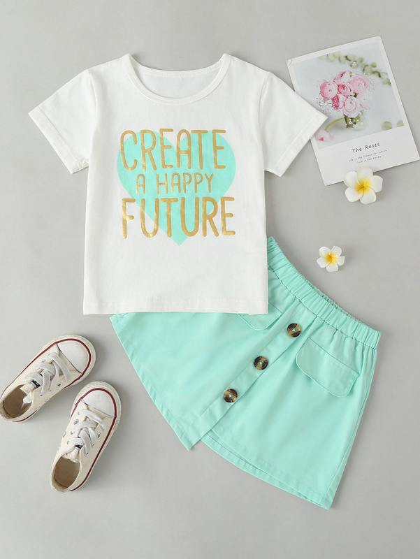 Toddler Girls Heart And Slogan Graphic Tee & Asymmetrical Skirt SHE