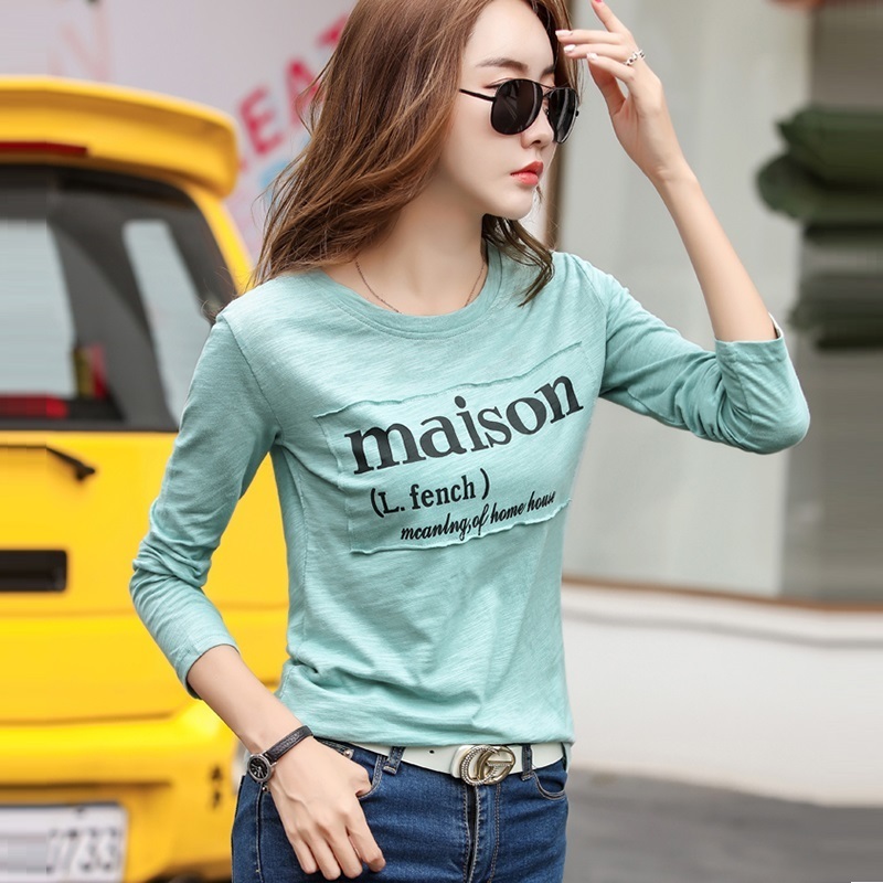 Spring Korean Long Sleeve T Shirt Solid Color Bamboo Cotton Winter Blue Shirts Loose Coffee Letter O Neck Tops 220728